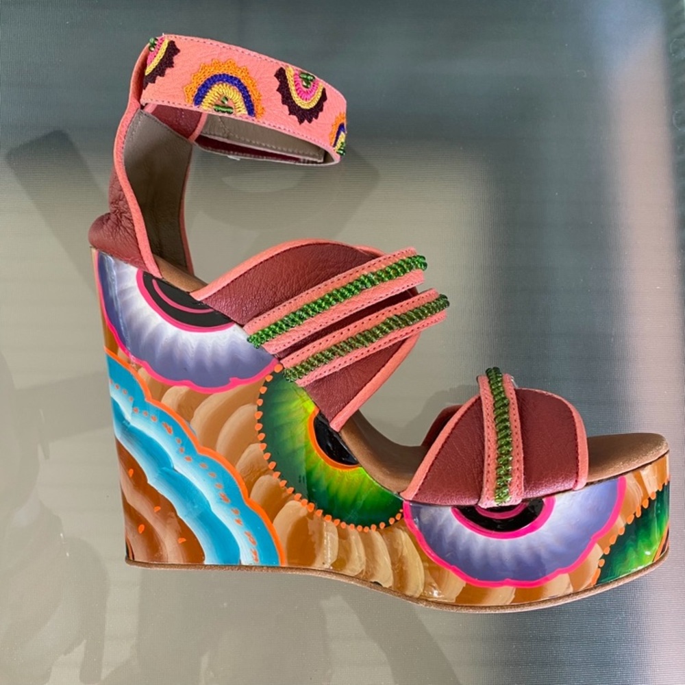 Meher Kakalia. Fun & Bright Artistic Wedges with Sculptured Painted Heels. 40